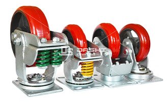 Shock absorbing casters adjust uneven ground
